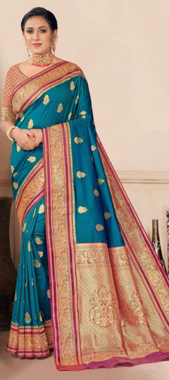 Blue color Saree in Tissue fabric with Weaving, Zari work