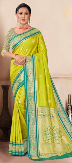 Yellow color Saree in Tissue fabric with Weaving, Zari work
