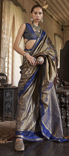 Beige and Brown color Saree in Tussar Silk fabric with Weaving work