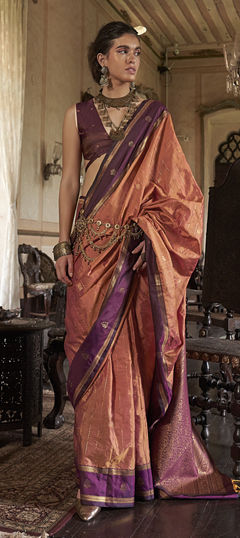 Orange color Saree in Tussar Silk fabric with Weaving work