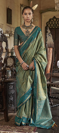 Green color Saree in Tussar Silk fabric with Weaving work