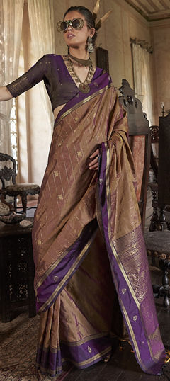 Beige and Brown color Saree in Tussar Silk fabric with Weaving work
