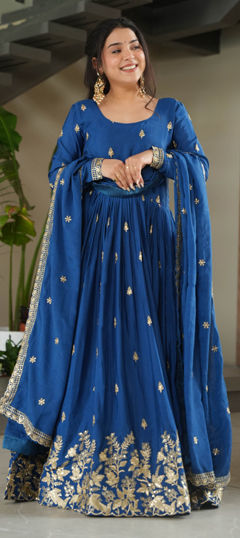 Blue color Gown in Chinon Silk fabric with Embroidered, Sequence, Zari work