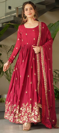 Pink and Majenta color Gown in Chinon Silk fabric with Embroidered, Sequence, Zari work