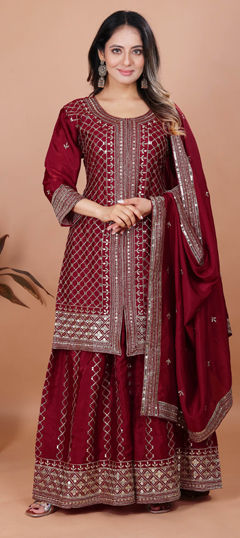 Red and Maroon color Salwar Kameez in Chinon Silk fabric with Embroidered, Sequence work