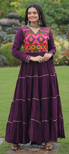 Purple and Violet color Gown in Rayon fabric with Embroidered work