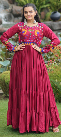 Red and Maroon color Gown in Rayon fabric with Embroidered work