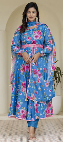 Blue color Salwar Kameez in Chinon Silk fabric with Digital Print, Floral work