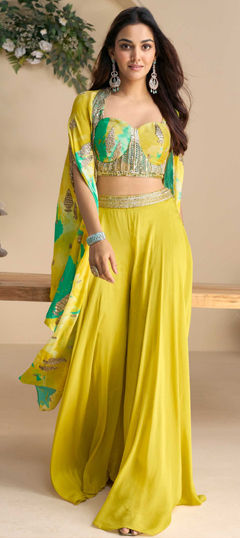 Yellow color Salwar Kameez in Chinon Silk fabric with Bugle Beads, Embroidered, Printed, Sequence, Stone, Zari work