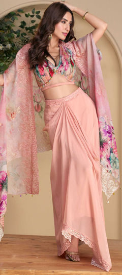 Pink and Majenta color Salwar Kameez in Chinon Silk fabric with Embroidered, Printed work