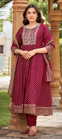 Purple and Violet color Salwar Kameez in Rayon fabric with Embroidered, Printed, Sequence work