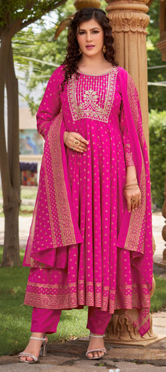 Pink and Majenta color Salwar Kameez in Rayon fabric with Embroidered, Printed, Sequence work