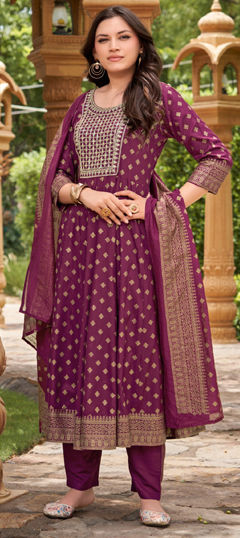 Purple and Violet color Salwar Kameez in Rayon fabric with Embroidered, Printed, Sequence work