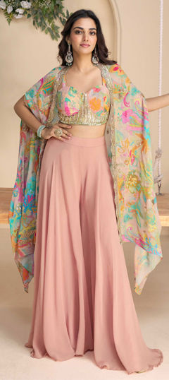 Multicolor color Salwar Kameez in Chinon Silk fabric with Bugle Beads, Embroidered, Printed, Sequence, Zari work