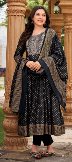 Black and Grey color Salwar Kameez in Rayon fabric with Embroidered, Printed, Sequence work