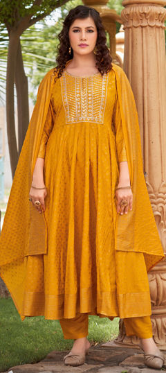 Yellow color Salwar Kameez in Rayon fabric with Embroidered, Printed, Sequence work