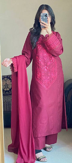Pink and Majenta color Salwar Kameez in Roman Silk fabric with Embroidered work