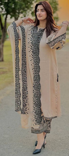 Beige and Brown color Salwar Kameez in Georgette fabric with Embroidered work