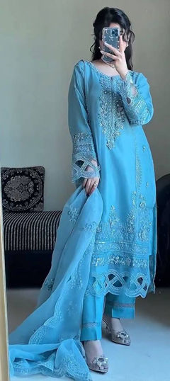 Blue color Salwar Kameez in Georgette fabric with Embroidered work