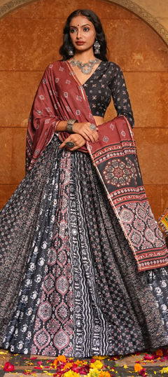 Black and Grey color Lehenga in Crepe Silk fabric with Printed work
