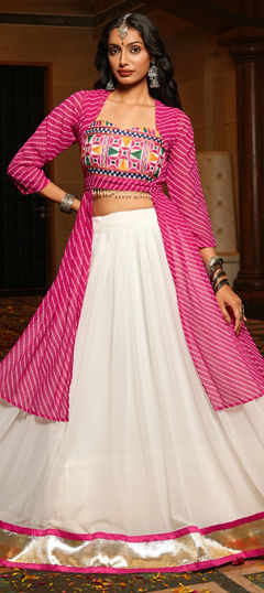 White and Off White color Long Lehenga Choli in Georgette fabric with Embroidered, Printed work
