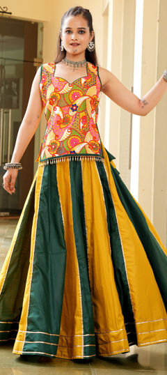 Green, Yellow color Long Lehenga Choli in Cotton fabric with Embroidered work