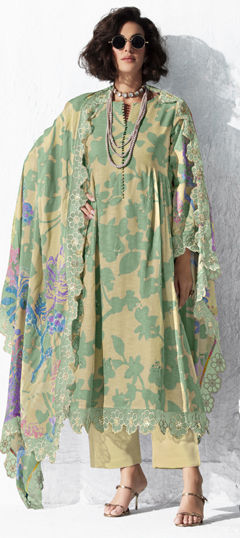Green, White and Off White color Salwar Kameez in Muslin fabric with Digital Print, Embroidered work