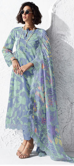 Blue, Green color Salwar Kameez in Muslin fabric with Digital Print, Embroidered work