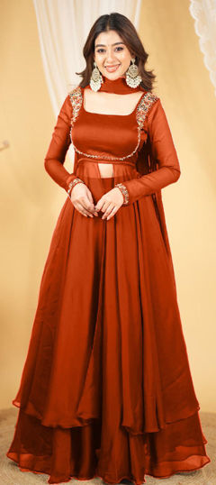 Beige and Brown color Long Lehenga Choli in Art Silk fabric with Embroidered, Sequence work