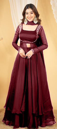 Red and Maroon color Long Lehenga Choli in Art Silk fabric with Embroidered work