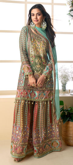 Multicolor color Salwar Kameez in Crepe Silk fabric with Aari, Gota Patti, Printed work