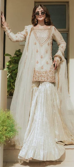 White and Off White color Salwar Kameez in Georgette fabric with Embroidered, Sequence work