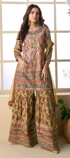 Multicolor color Salwar Kameez in Crepe Silk fabric with Aari, Gota Patti, Printed work