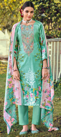 Green color Salwar Kameez in Cotton fabric with Digital Print, Embroidered, Floral work