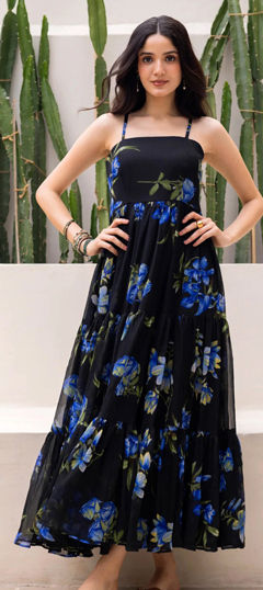 Black and Grey color Gown in Faux Georgette fabric with Digital Print, Floral work