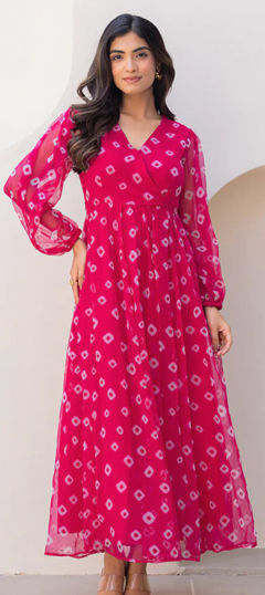 Pink and Majenta color Gown in Faux Georgette fabric with Bandhej, Digital Print, Printed work