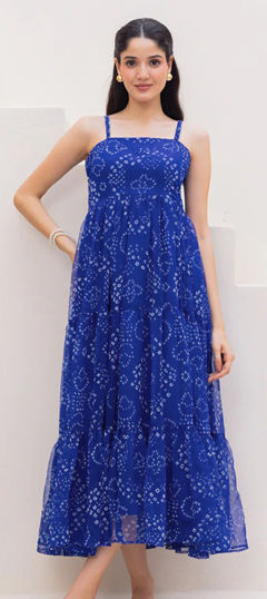 Blue color Gown in Faux Georgette fabric with Bandhej, Digital Print, Printed work