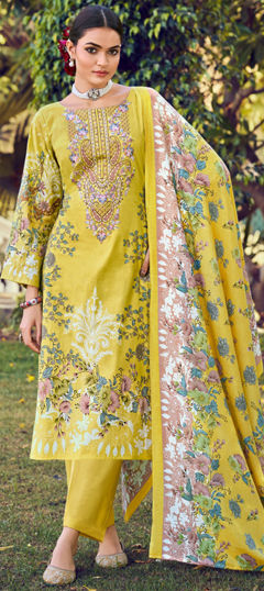 Yellow color Salwar Kameez in Cotton fabric with Digital Print, Embroidered, Floral work