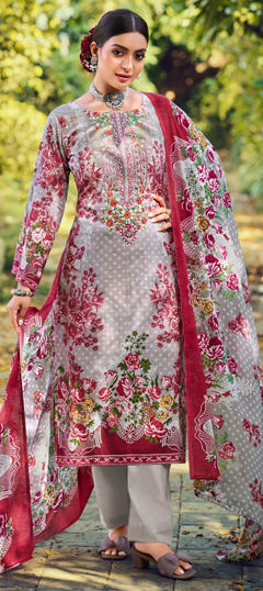 Black and Grey color Salwar Kameez in Cotton fabric with Digital Print, Embroidered, Floral work