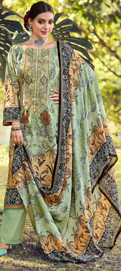 Green color Salwar Kameez in Cotton fabric with Digital Print, Embroidered, Floral work