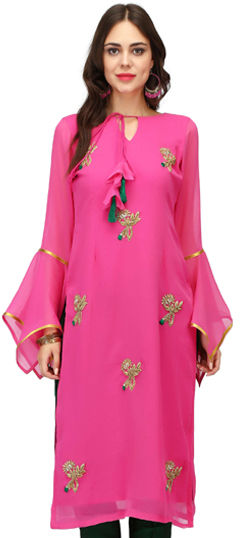 Pink and Majenta color Kurti in Georgette fabric with Dabka, Resham, Sequence, Stone, Thread work
