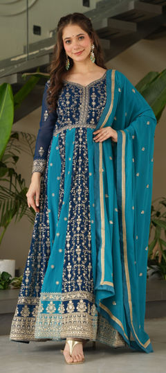 Blue color Gown in Faux Georgette fabric with Embroidered, Sequence, Zari work