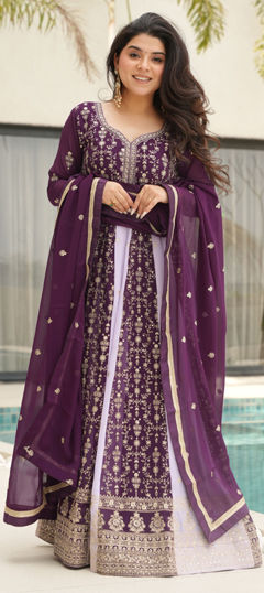 Pink and Majenta color Gown in Faux Georgette fabric with Embroidered, Sequence, Zari work