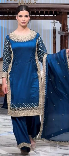 Blue color Salwar Kameez in Crepe Silk fabric with Embroidered, Sequence, Thread work