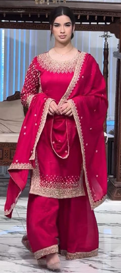 Pink and Majenta color Salwar Kameez in Crepe Silk fabric with Embroidered, Sequence, Thread work