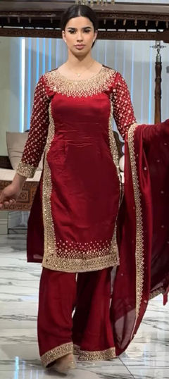 Red and Maroon color Salwar Kameez in Crepe Silk fabric with Embroidered, Sequence, Thread work