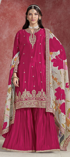 Pink and Majenta color Salwar Kameez in Chinon Silk fabric with Embroidered, Sequence, Thread, Zari work