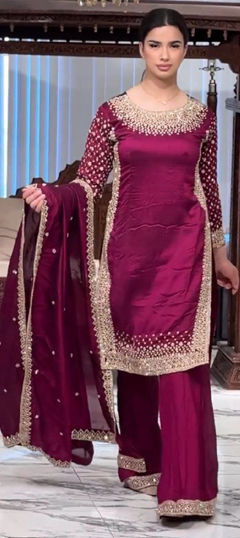 Pink and Majenta color Salwar Kameez in Crepe Silk fabric with Embroidered, Sequence, Thread work