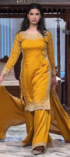 Yellow color Salwar Kameez in Crepe Silk fabric with Embroidered, Sequence, Thread work