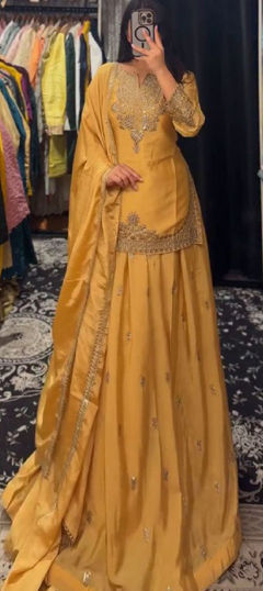 Yellow color Long Lehenga Choli in Chinon Silk fabric with Embroidered, Sequence, Thread work